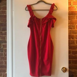 Red, tight, front zip ruffle dress
